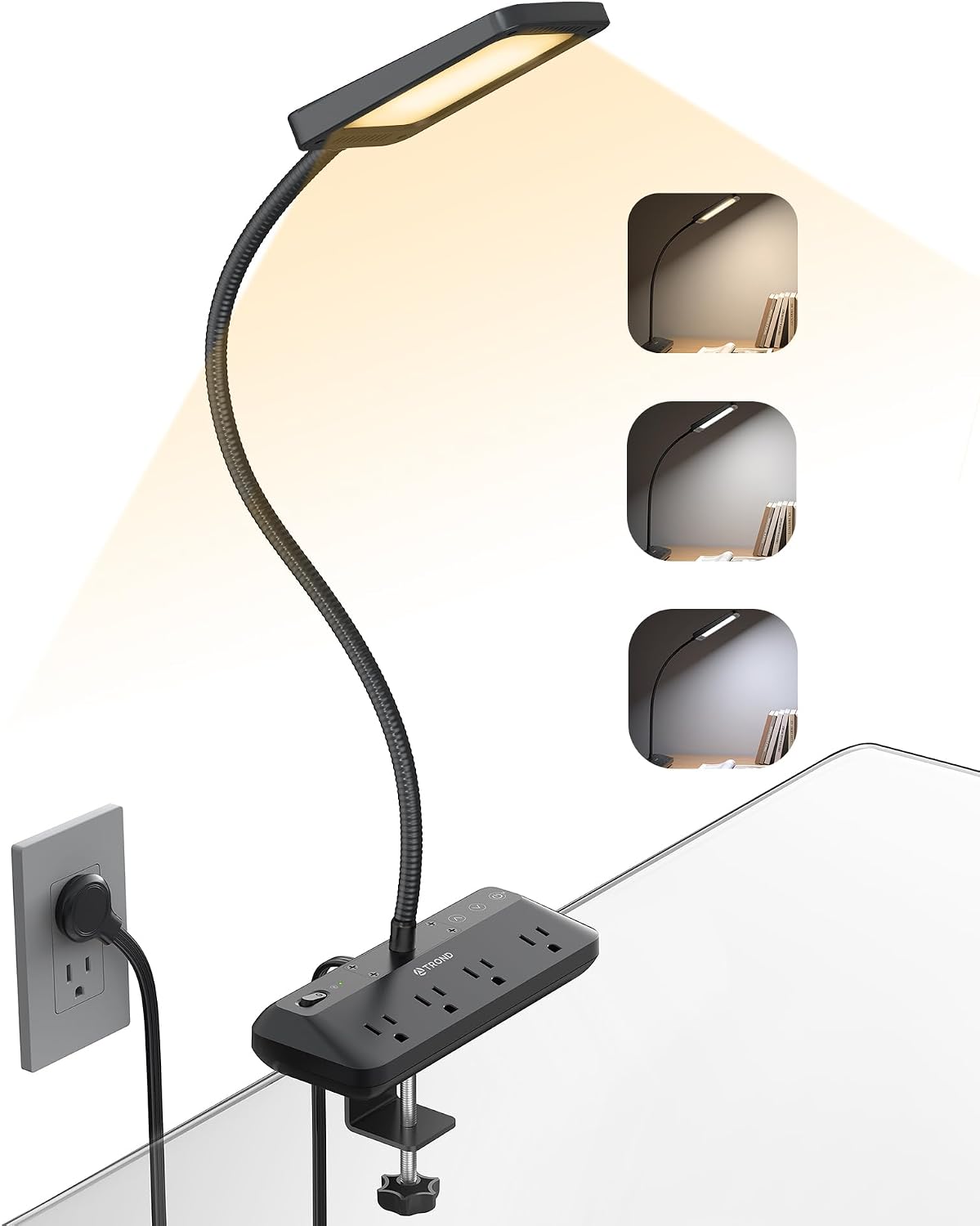 Gooseneck Clamp Desk Lamp With Power Strip