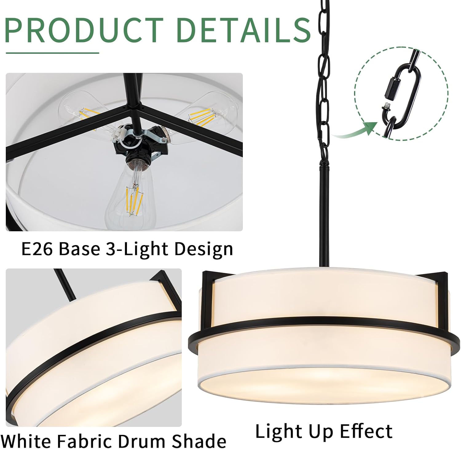White Linen 3-Light Drum Chandelier