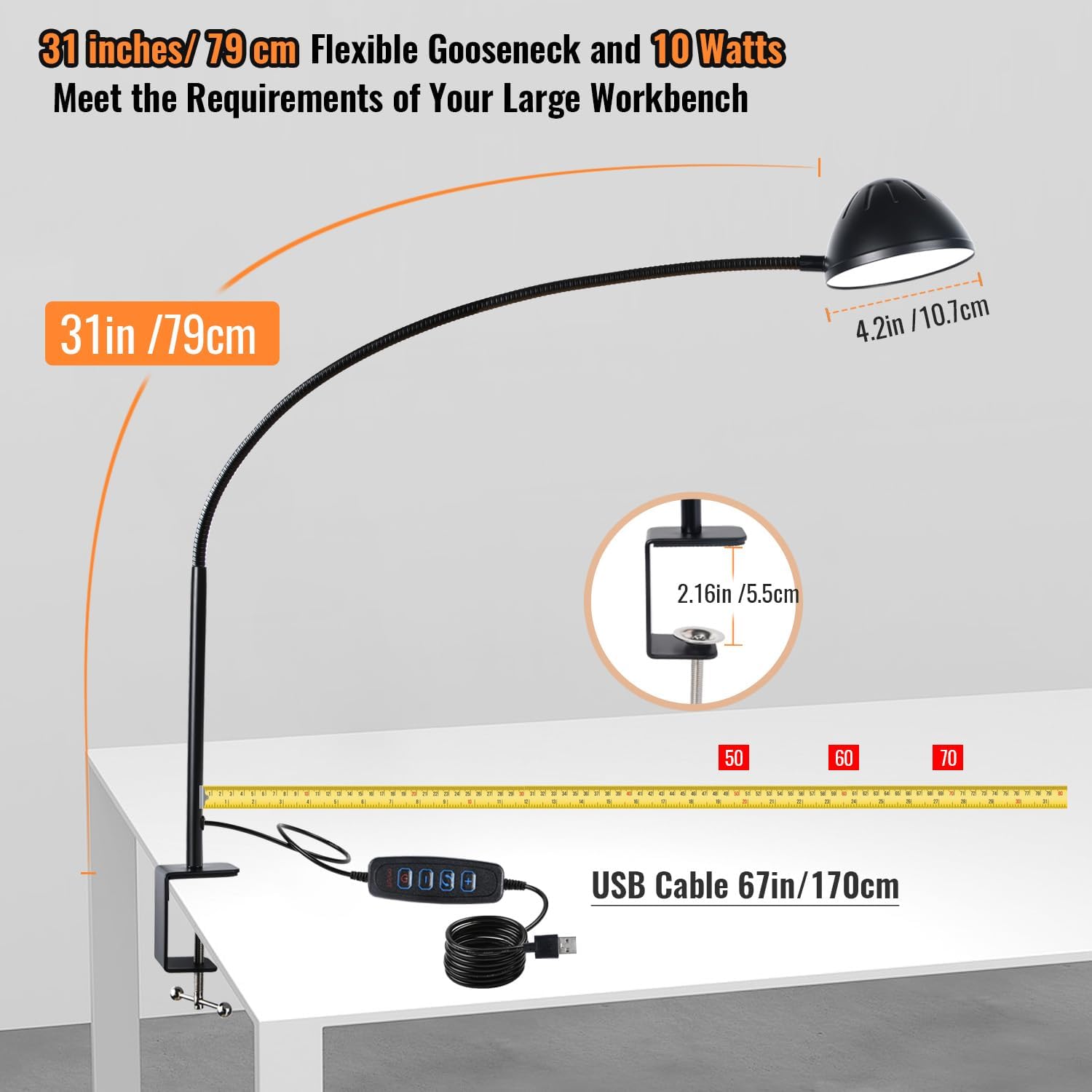 10W 31 Inch Flexible Gooseneck Clamp Desk Lamp
