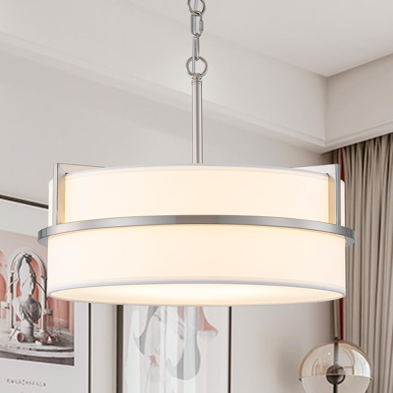 White Linen 3-Light Drum Chandelier