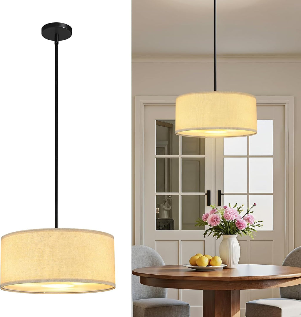 3-Light Linen Drum Farmhouse Pendant Light