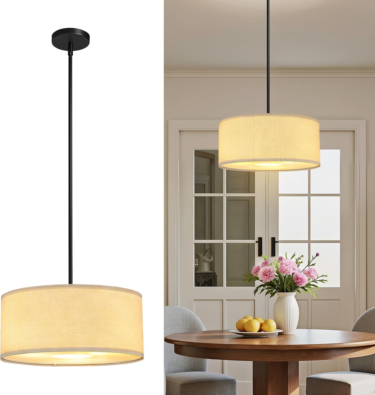 3-Light Linen Drum Farmhouse Pendant Light