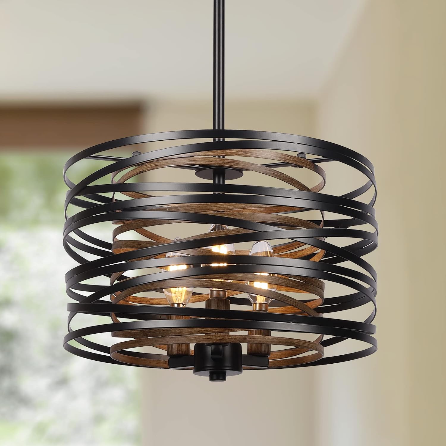 Black Rustic Wood Texture Drum Pendant Light