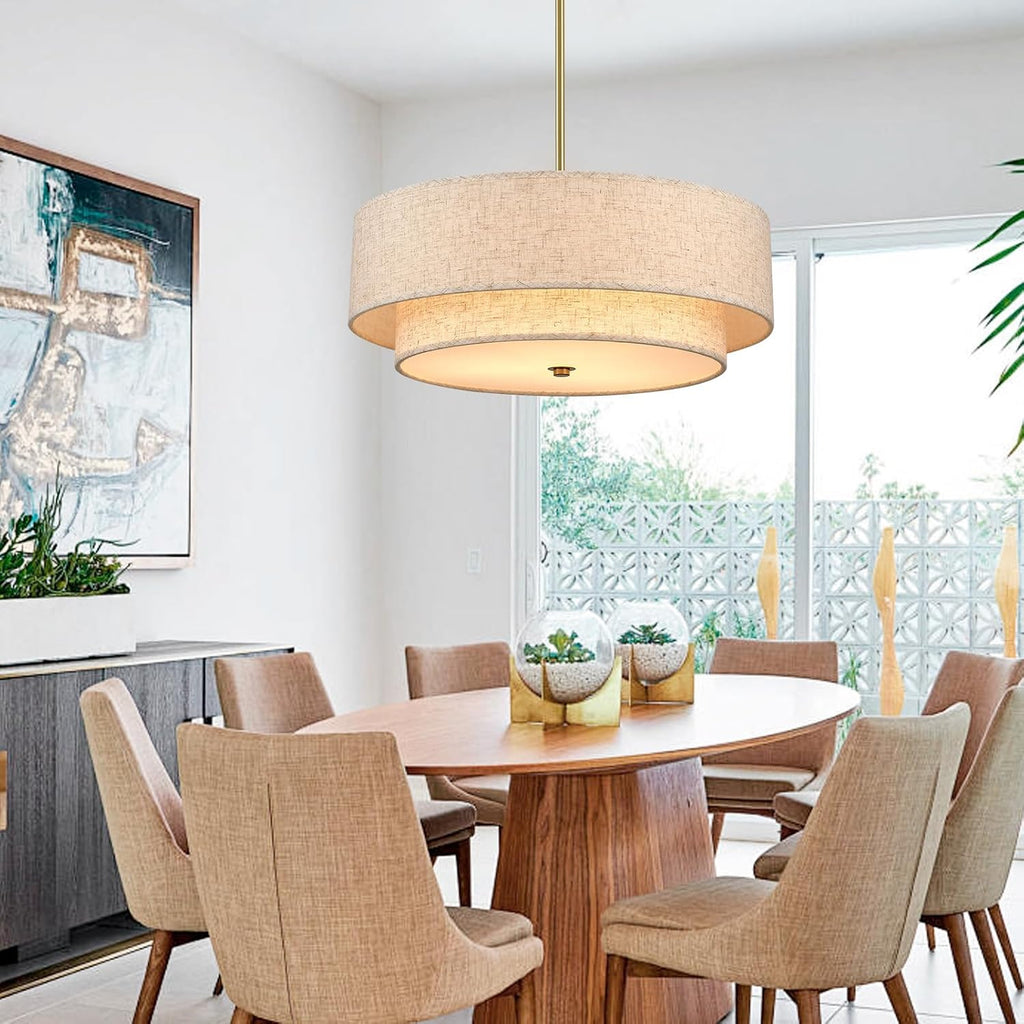 Gold 3-Light Linen Drum Farmhouse Chandelier