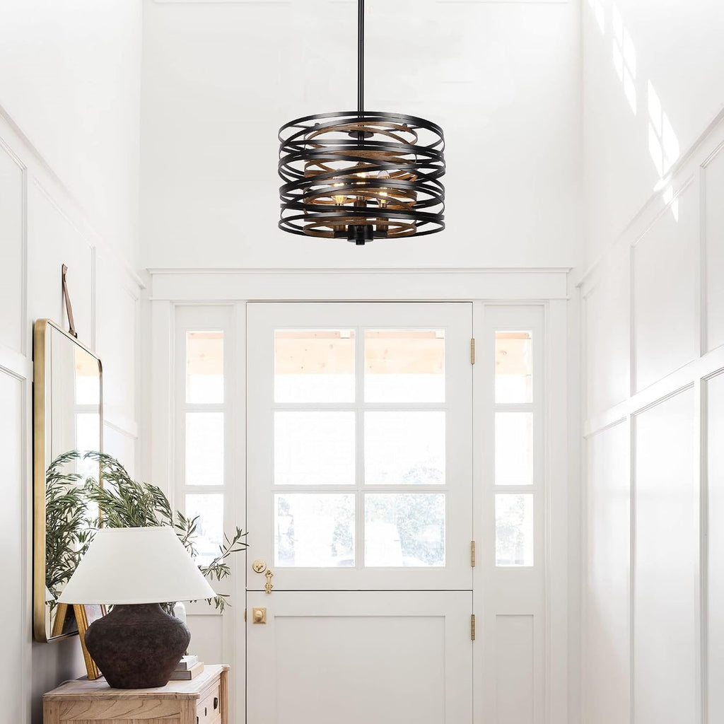 Black Rustic Wood Texture Drum Pendant Light