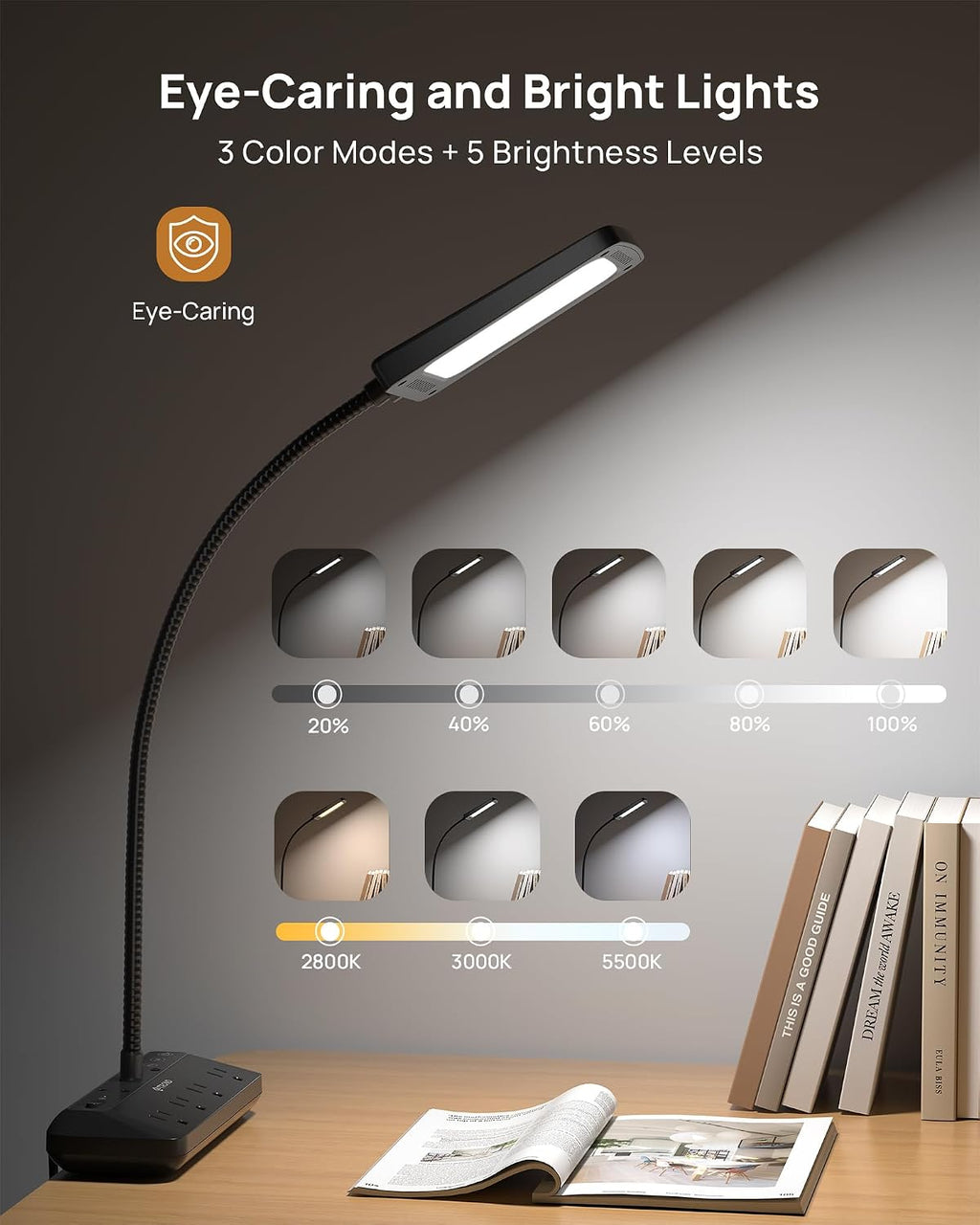 Gooseneck Clamp Desk Lamp With Power Strip