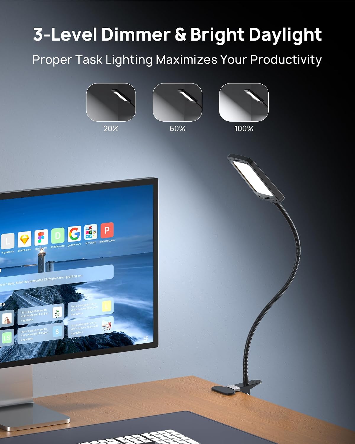 1000LM Long Gooseneck Clamp Desk Lamp