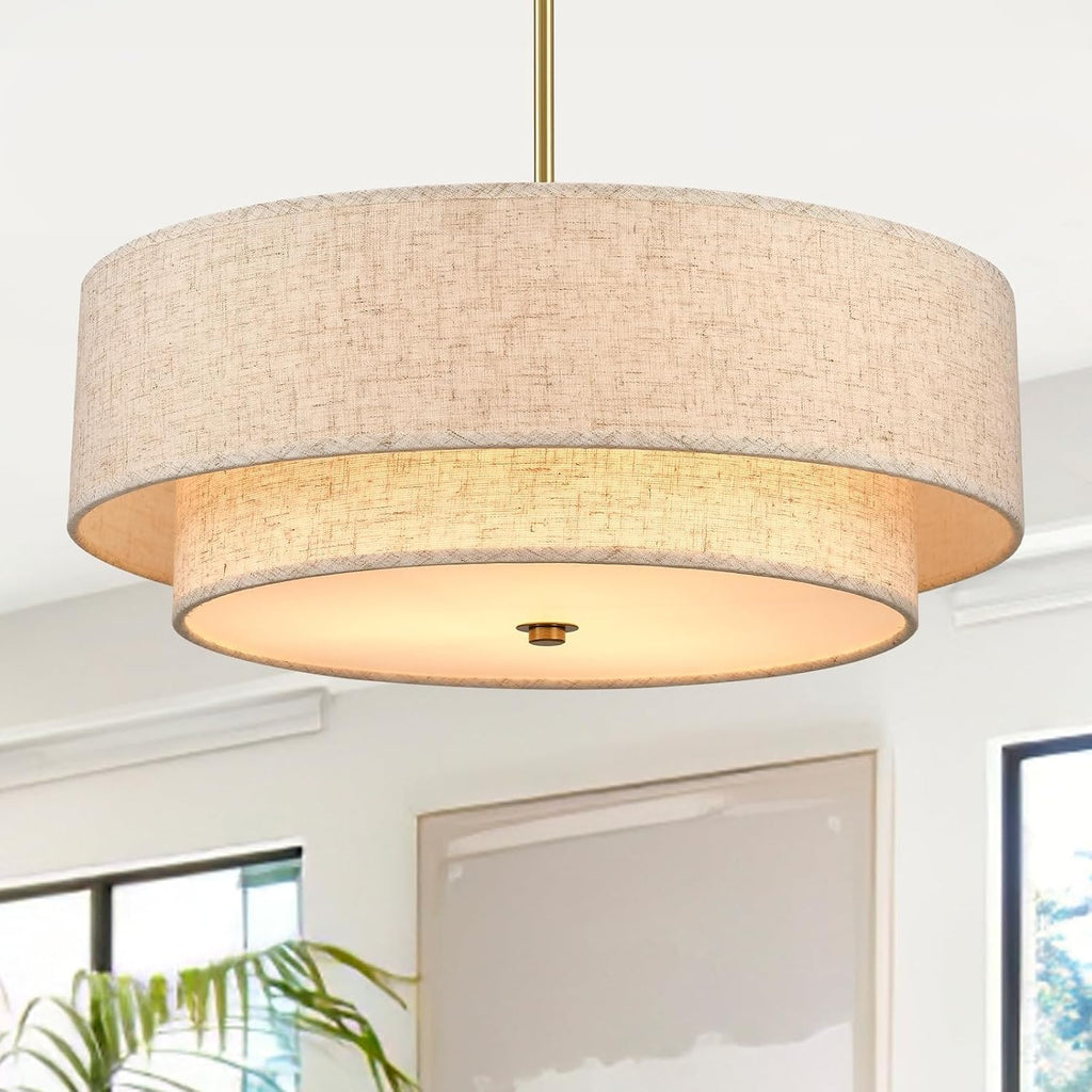 Gold 3-Light Linen Drum Farmhouse Chandelier