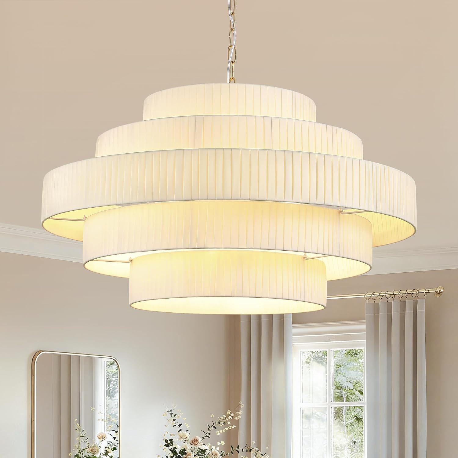 Gold 5-Layer Linen Drum Chandelier