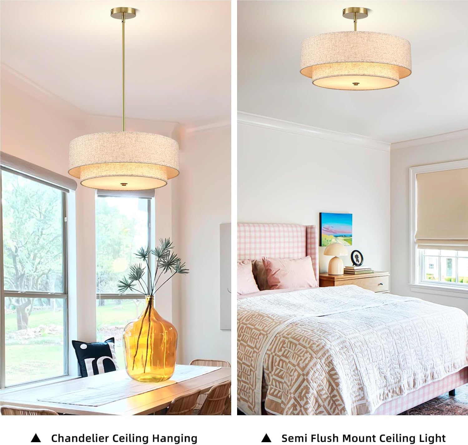 Gold 3-Light Linen Drum Farmhouse Chandelier