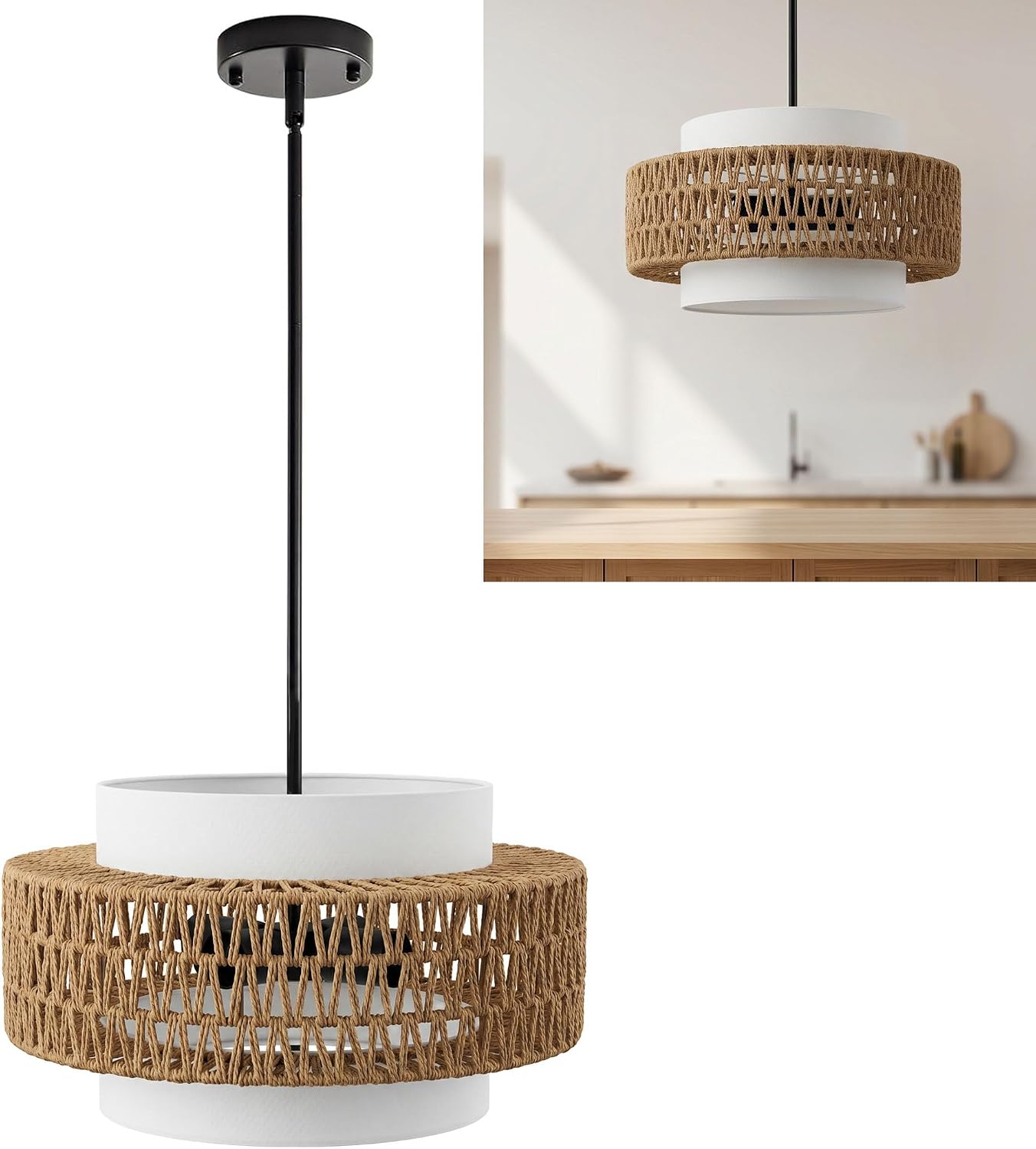 Boho Rattan Beige Linen 4-Light Drum Chandelier