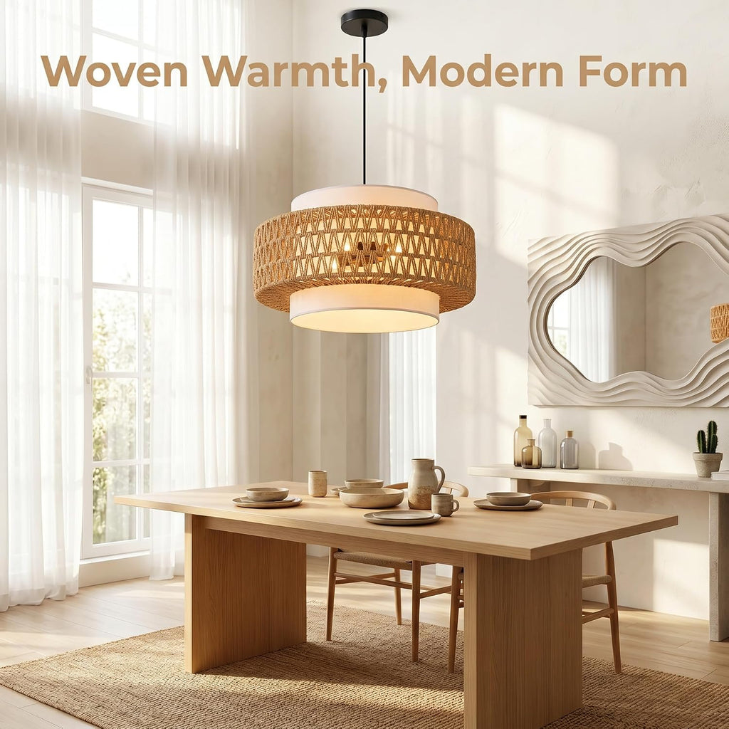 Boho Rattan Beige Linen 4-Light Drum Chandelier