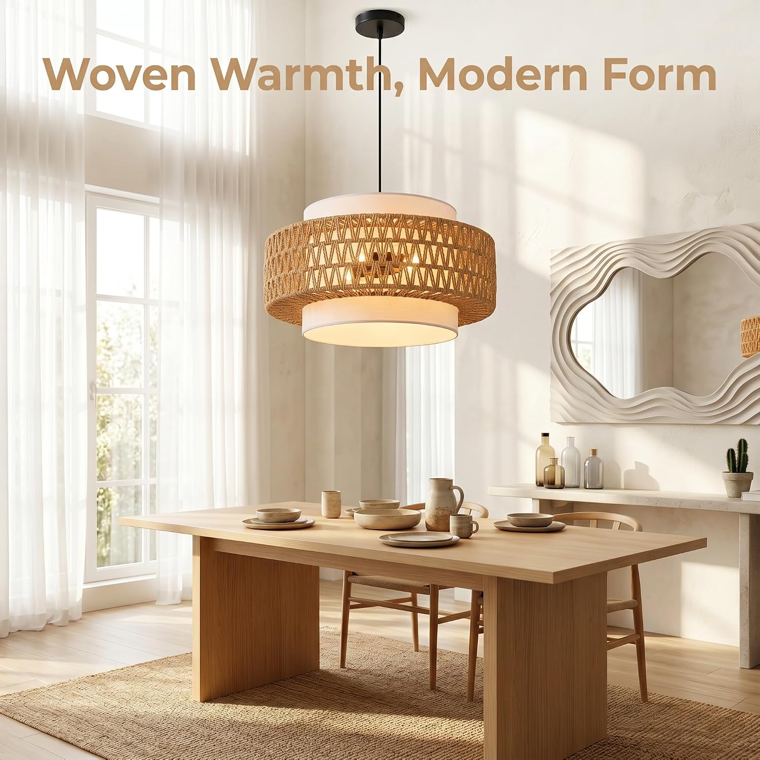 Boho Rattan Beige Linen 4-Light Drum Chandelier