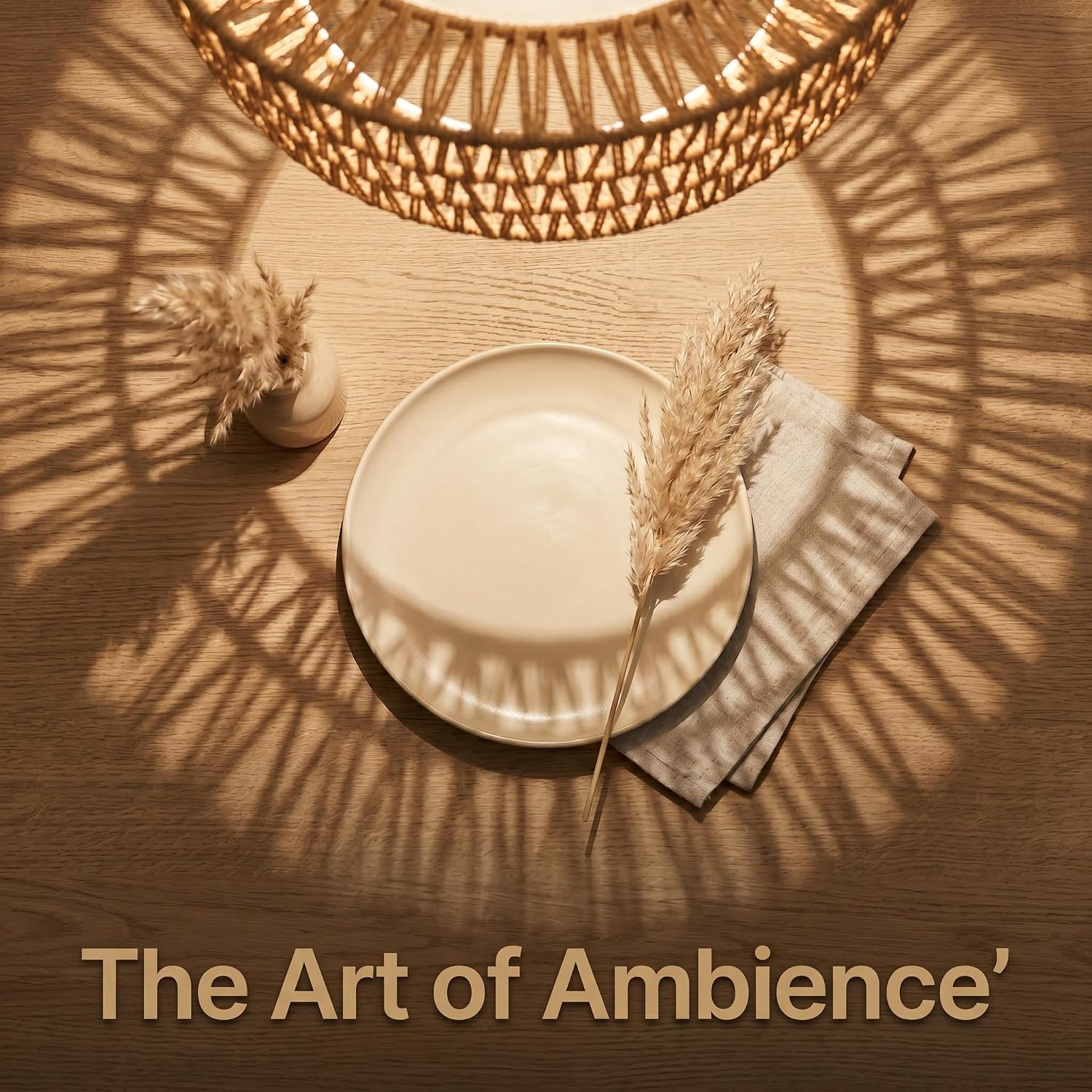Boho Rattan Beige Linen 4-Light Drum Chandelier