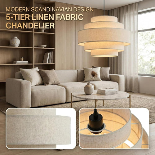 Beige Linen Drum Farmhouse Chandelier