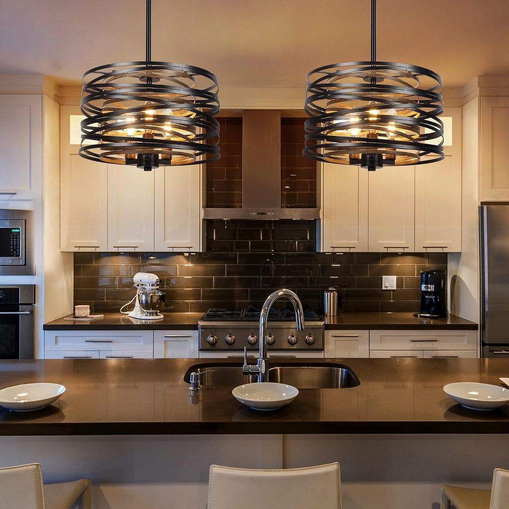 Black Rustic Wood Texture Drum Pendant Light