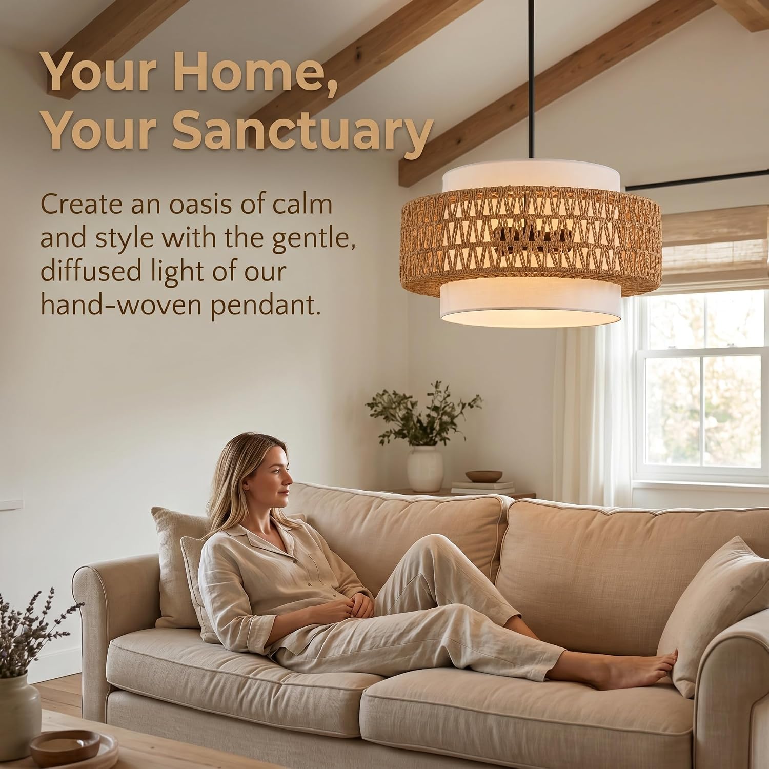 Boho Rattan Beige Linen 4-Light Drum Chandelier