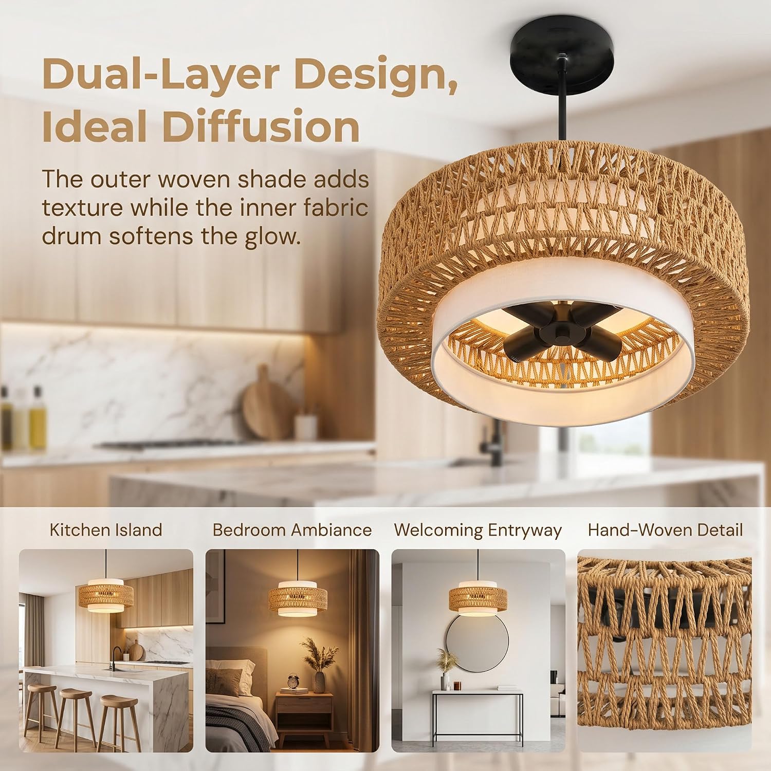 Boho Rattan Beige Linen 4-Light Drum Chandelier