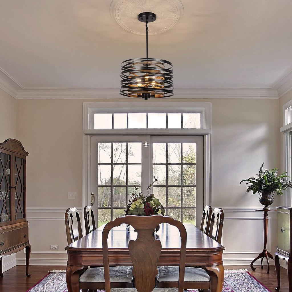 Black Rustic Wood Texture Drum Pendant Light