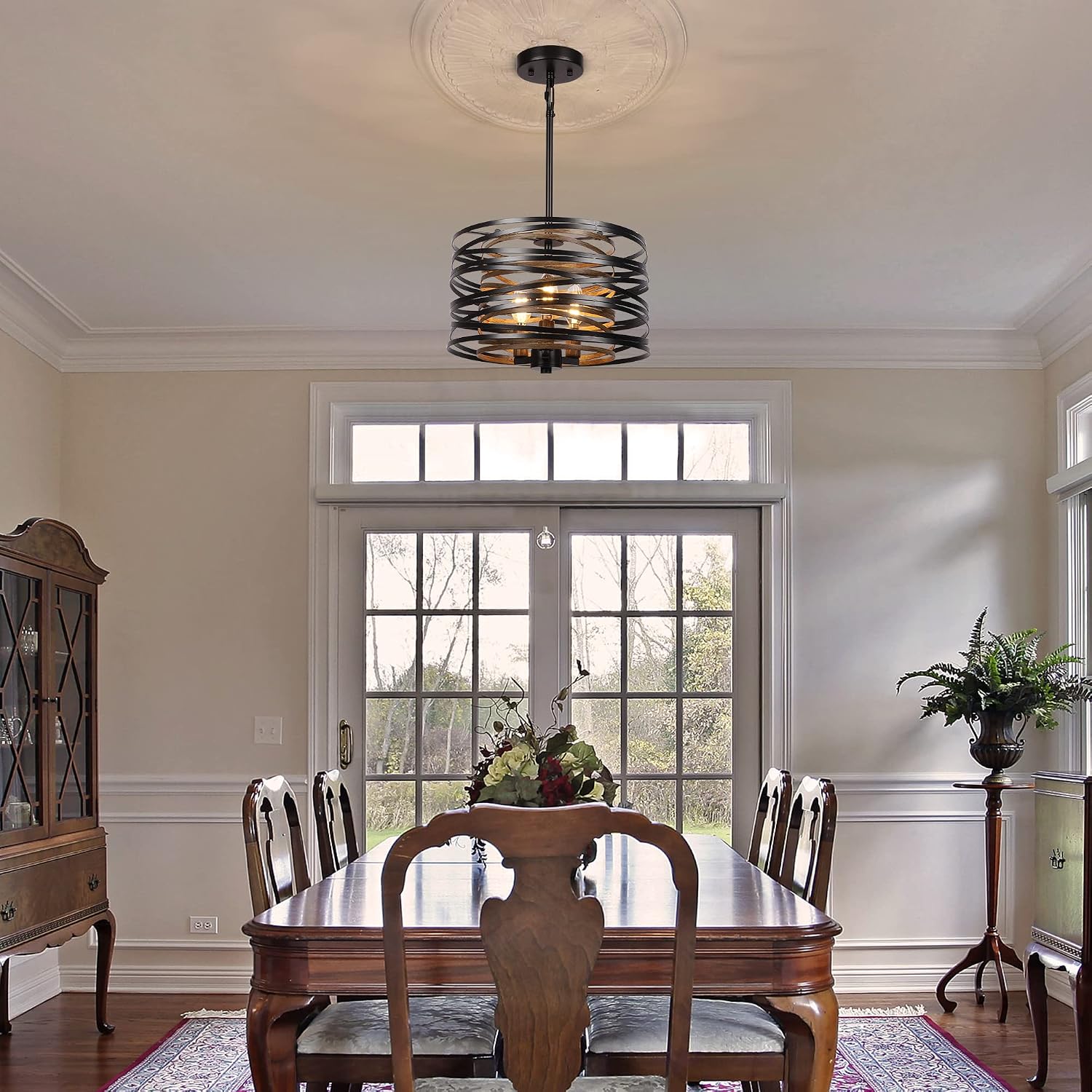 Black Rustic Wood Texture Drum Pendant Light